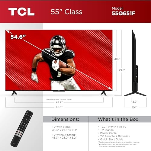 TCL 55-Inch Class Q65 QLED 4K Smart TV with Fire TV (55Q651F, 2024 Model), Dolby Vision, HDR PRO+, Dolby Atmos, Alexa Built-in with Voice Remote, Appl