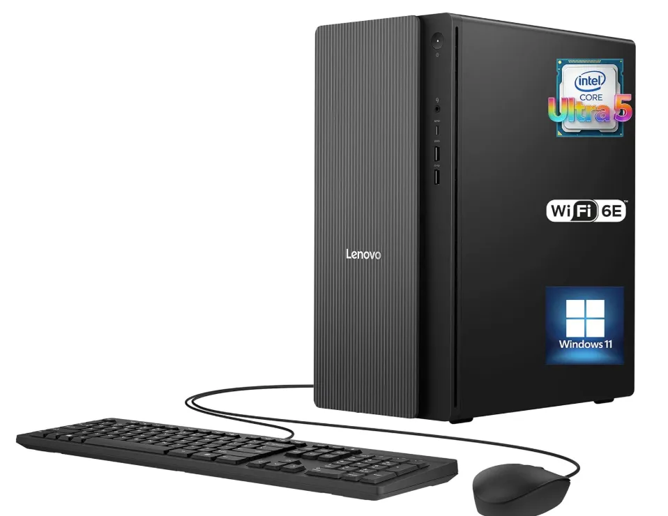 Lenovo IdeaCentre Tower Desktop Computer • 10-core Intel Ultra 5 225 Processor • 16GB DDR5 • 512GB SSD • Office 365 for The Web • HDMI + VGA, Wi-Fi 6E • Wired Keyboard & Mouse • Windows 11