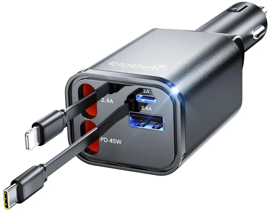 [P-000191] Retractable Car Charger Adapter Iphone + Type C