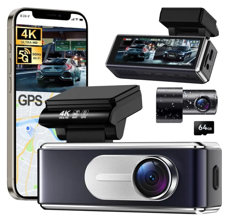 Dash Cam Front and Rear - 4K HD Dual Dash Camera for Cars, Built-in 5G WiFi GPS, 64GB Card, Dashcam with 3.2" IPS Screen, UHD Night Vision, HDR, App Control, 24H Parking Monitor Csyibeielec